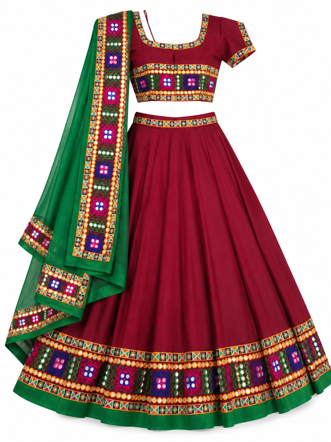 Lehenga Choli Tradicional Indiano – Bordô e Verde 💚❤️
