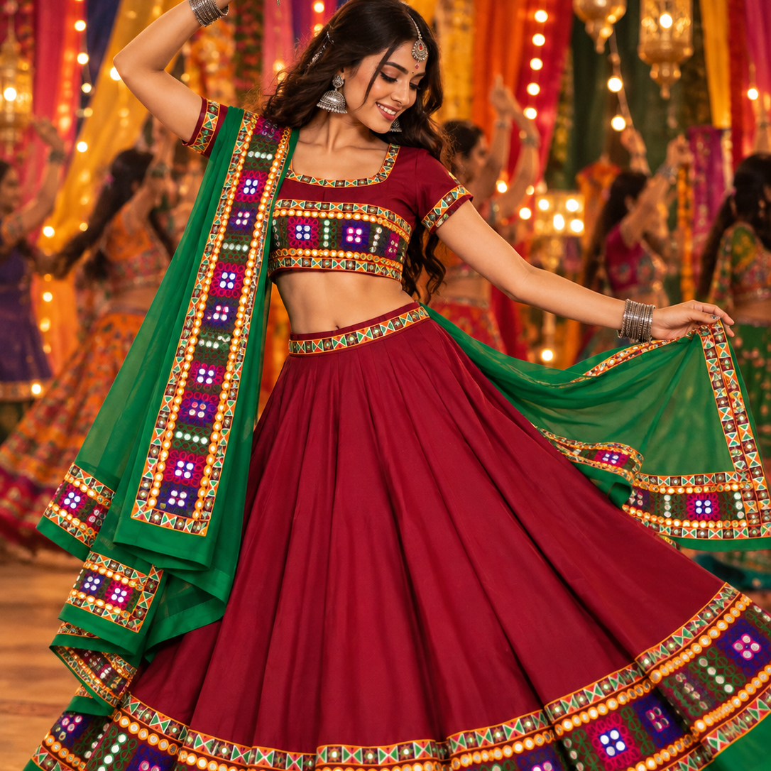 Lehenga Choli Tradicional Indiano – Bordô e Verde 💚❤️